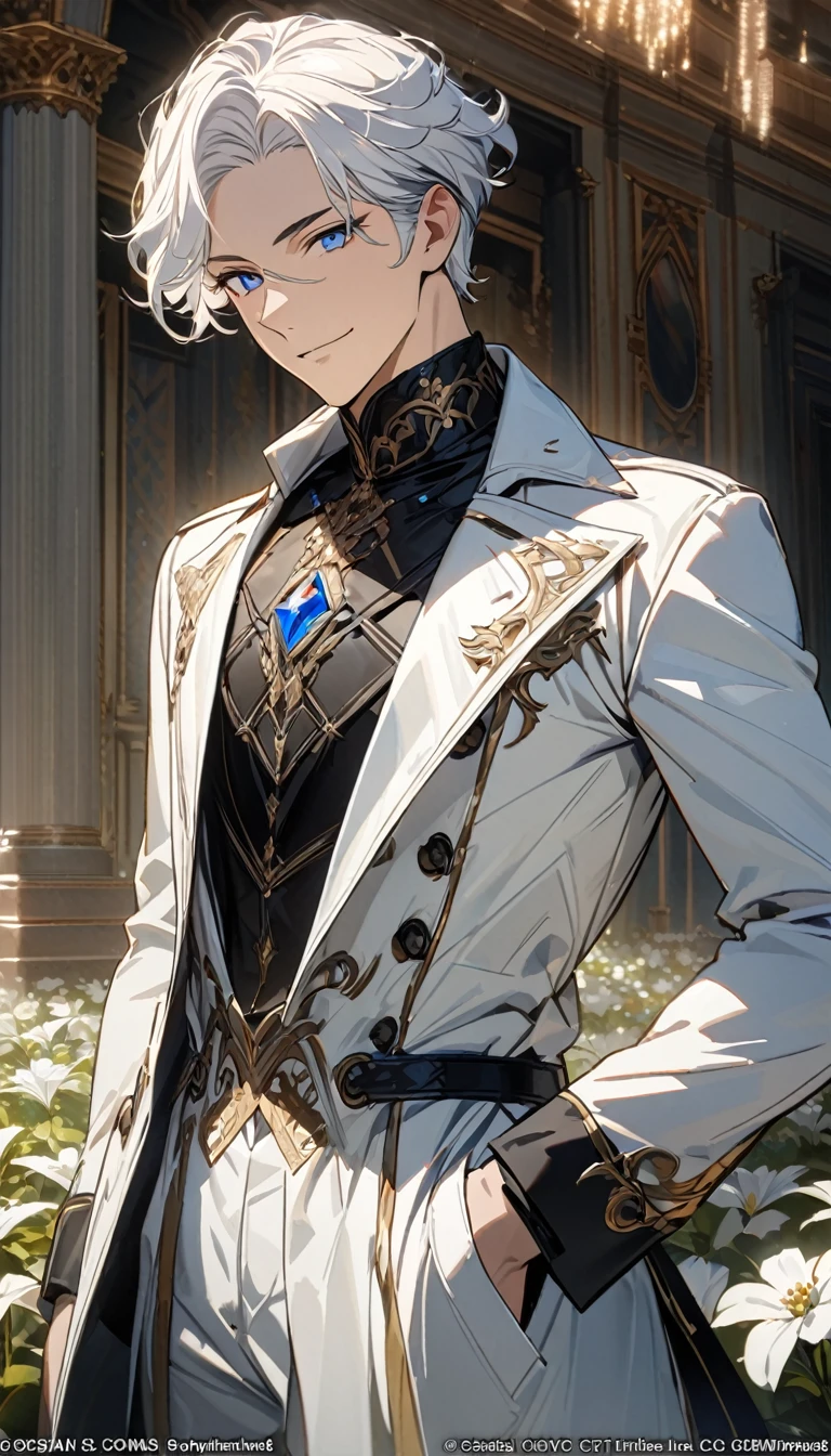(masterpiece, best quality), Very detailed, best quality, official art, Beautiful and beautiful: 1.2),Beautifully,(1 handsome guy),copyright,alone,white short hair, (blue eyes), (A gentle yet distant smile),perfect face,white trench coat,Black shirt,complex clothing design,High target,8K,Beautiful contrast of light and shadow,Face it positively,Nice face,noble,Gorgeous palace,Interior background,((White flowers)),Gorgeous background,(ManhwaStyle:1.5)