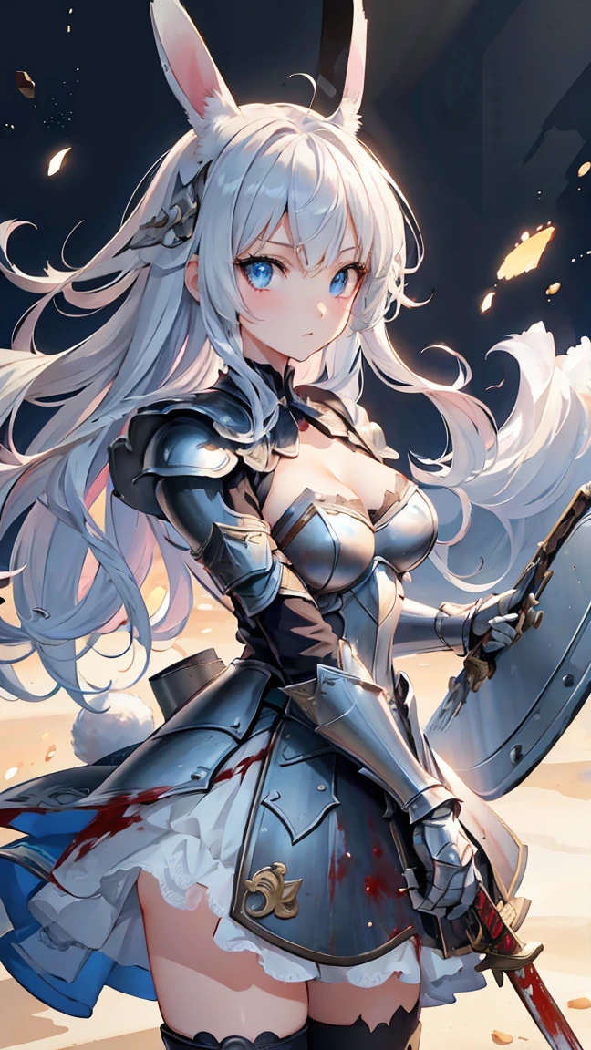 anime style, masterpiece, accurate, textured skin, high quality, best quality, highres, high details, super detail, rabbit ears, silver hair, bangs, perfect eyes, cleavage, soft light, high quality, 4k resolution, (Western knight with sword and shield), (steel armor), war, be covered in blood