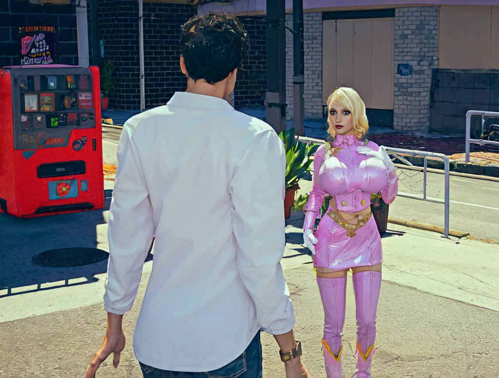 adult woman, blonde curly hair, pink latex outfit, pink boots, white gloves, blue eyes, big breast,standing in the City alley, mend stand