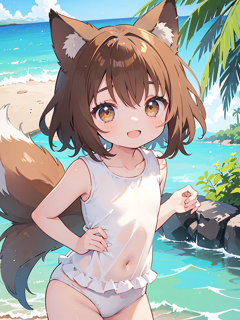 A cute  lowteen anime girl, short brown wavy hair, id shot, anime style, big shiny brown eyes, fox ears, 11 yeaer, swimsuits,seaside,smile