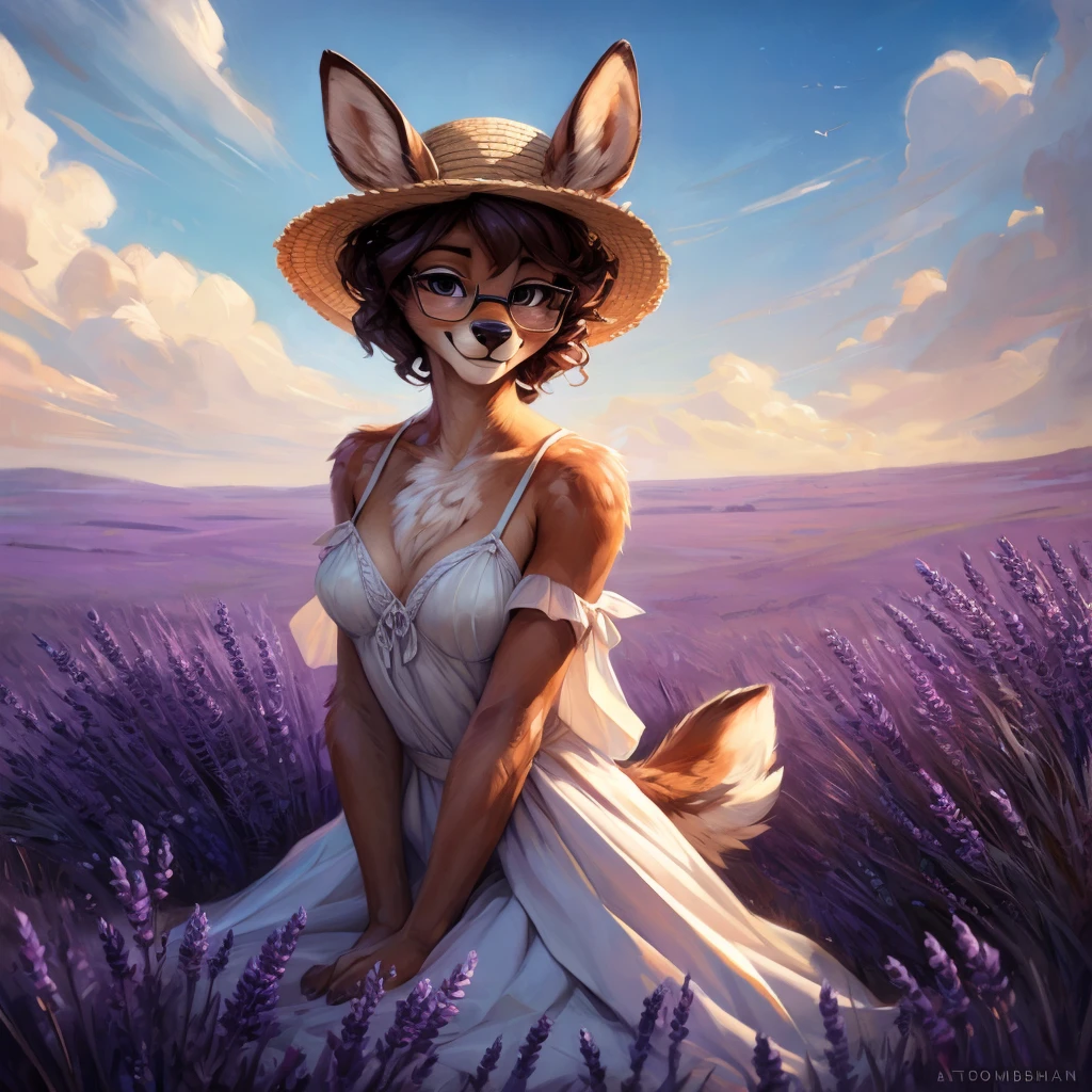 uploaded on e621, by Pixelsketcher, by Bayard Wu, by Thomas Benjamin Kennington , by Einshelm, by hioshiru and kenket, Chunie, portrait, solo anthro female deer doe, with small featureless breasts, clear dark blue, cinematic lighting, day, sunny day, lavender field, stays in a lavender field, lavender field background, mediterranean background, horizon background, shiny, short curly dark brown hair, wears big black nerd glasses, very very beautiful furry art, furry art, smiling, joyful, shiny, happy, feminine, cute face, muzzle, fluffy chest, flawless face, Fallow deer, 1girl, Sakimichan is beautiful, Masterpiece, Wavethesallow Face, shiny, Detailed image, portrait, Detailed image, portrait, full body, wearing pure white and wide spaghetti straps dress, wearing big and wide beige summer straw hat, shiny, realistic face, perfect anatomy, hourglass body, (furry body:1.1), anthropomorphic deer, looks at the viewer, small fluffy tail, detailed background, (cute anatomy:1.1), stands in a lavender field