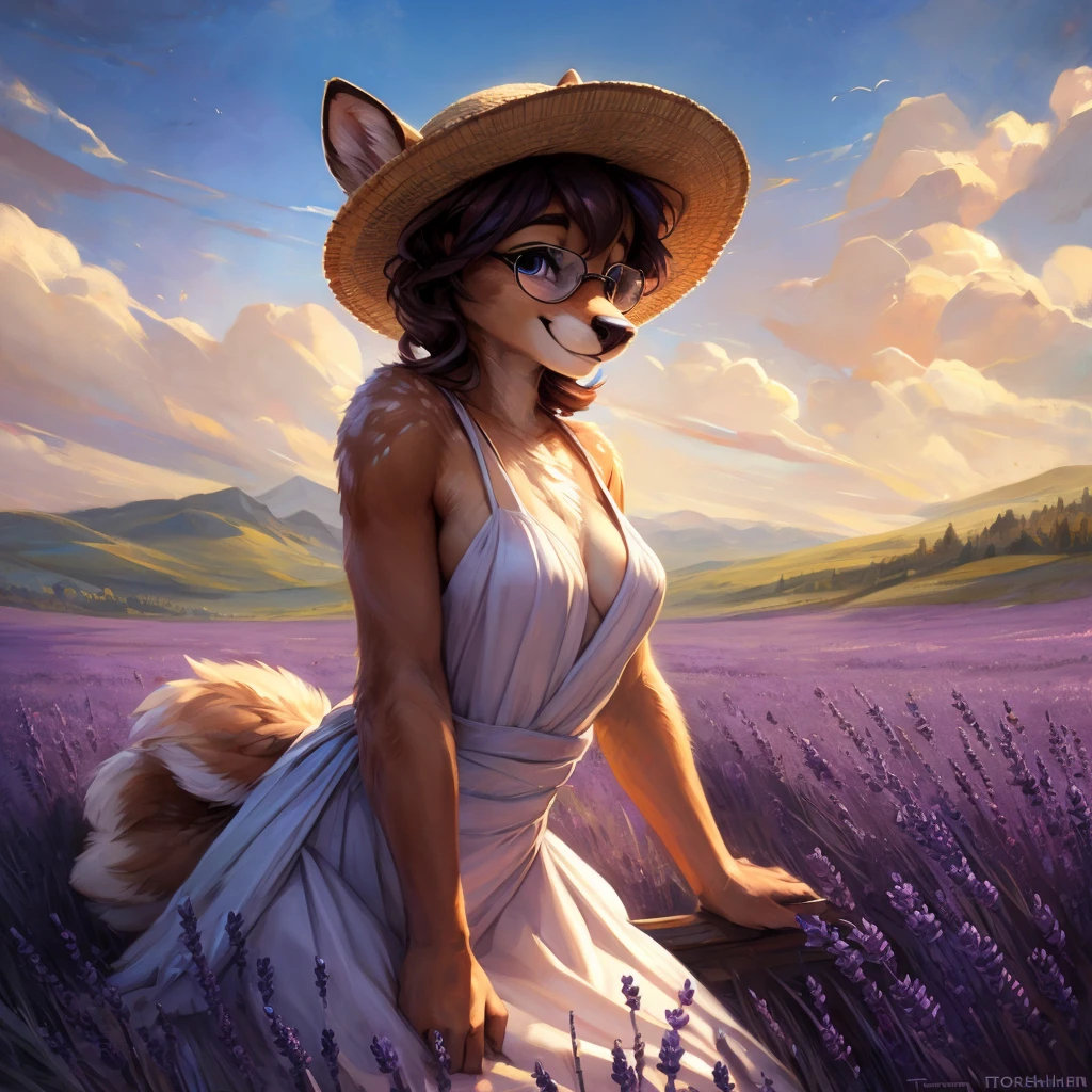 uploaded on e621, by Pixelsketcher, by Bayard Wu, by Thomas Benjamin Kennington , by Einshelm, by hioshiru and kenket, Chunie, portrait, solo anthro female deer doe, with small featureless breasts, clear dark blue, cinematic lighting, day, sunny day, lavender field, stays in a lavender field, lavender field background, mediterranean background, horizon background, shiny, short curly dark brown hair, wears big black nerd glasses, very very beautiful furry art, furry art, smiling, joyful, shiny, happy, feminine, cute face, muzzle, fluffy chest, flawless face, Fallow deer, 1girl, Sakimichan is beautiful, Masterpiece, Wavethesallow Face, shiny, Detailed image, portrait, Detailed image, portrait, full body, wearing pure white and wide spaghetti straps dress, wearing big and wide beige summer straw hat, shiny, realistic face, perfect ???????, hourglass body, (furry body:1.1), anthropomorphic deer, looks at the viewer, small fluffy tail, detailed background, (cute anatomy:1.1), stands in a lavender field
