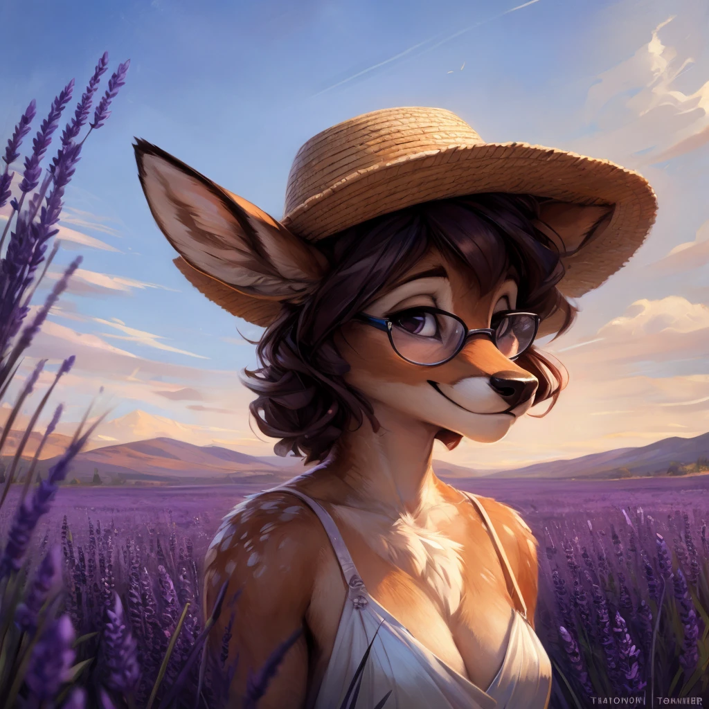 uploaded on e621, by Pixelsketcher, by Bayard Wu, by Thomas Benjamin Kennington , by Einshelm, by hioshiru and kenket, Chunie, portrait, solo anthro female deer doe, with small featureless breasts, clear dark blue, cinematic lighting, day, sunny day, lavender field, stays in a lavender field, lavender field background, mediterranean background, horizon background, shiny, short curly dark brown hair, wears big black nerd glasses, very very beautiful furry art, furry art, smiling, joyful, shiny, happy, feminine, cute face, muzzle, fluffy chest, flawless face, Fallow deer, 1girl, Sakimichan is beautiful, Masterpiece, Wavethesallow Face, shiny, Detailed image, portrait, Detailed image, portrait, full body, wearing pure white and wide spaghetti straps dress, wearing big and wide beige summer straw hat, shiny, realistic face, perfect ???????, hourglass body, (furry body:1.1), anthropomorphic deer, looks at the viewer, small fluffy tail, detailed background, (cute anatomy:1.1), stands in a lavender field