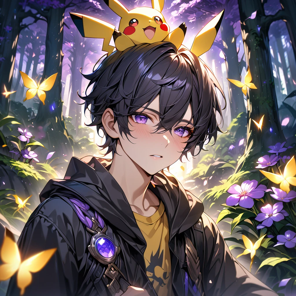 Boy with yellow tshirt with outer black,pikachu on head, forest,purple dark light, absurdres, highres, ultra detailed, HDR, master piece, best quality, black hair, expressive purple eyes, black clothes, magical, fantasy, shining, purple flowers, blossoms, yellow butterflies