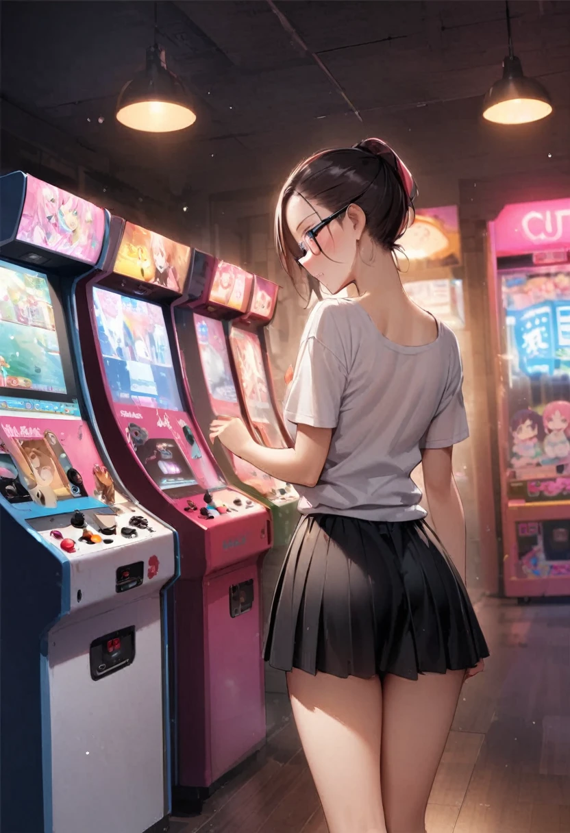 Fashionable glasses、back view, Backwards、Butt、back、back of head、Hips、Hair back、Calf、Very Very Mini Skirt、Cute Panties、Chibi T-shirt、Panty shot、arcade、game machine、Game bench、UFO Catcher、Purikura、Date、forehead、Girl、Girl、Short、Younger、Lower school year、Baby Face、flat chest、Embarrassed、Dynamic Angle、masterpiece、best quality、ultra-detail、There are customers around、I'm making a mess、Clothing
