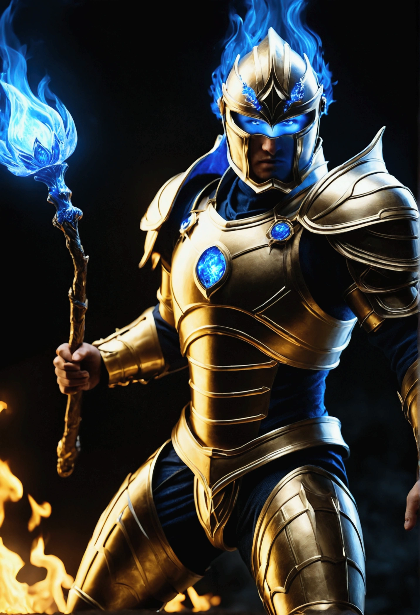 Full HD, 3d, 60fps, realisitic, a hero catching blue fire around him, equipped a golden armor with flames of darkness which glowed the entire place.