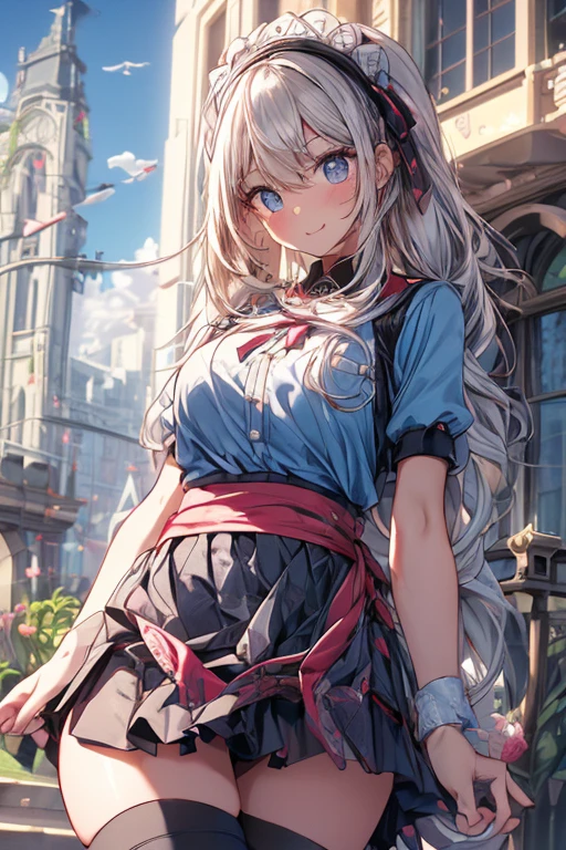 shinny skin, BREAK, ((alice in the wonderland:1.3, cute, kawaii, lovely, funny, a girl falling down from sky:1.3, girl flying in sky:1.4, girl floating in air:1.5, rolling upskirt by wind:1.6, (with sparkling eyes and a contagious smile),open mouth, Looking at Viewer, surprised, putting hands on crotch over the skirts:1.6)), BREAK, ((floating things as follows:1.3, PlayingCards, Trump, tea cup, tea pot, tea spoons, pocket watch:1.3, lip sticks, candies:1.2, cookies, jam bottles, classical door_keys)), ((long purply_Blue dress :1.5, wearing long flaired skirt:1.3, the skirt is blowing:1.3, cute pink Apron, black stocking:1.2,garter stocking, cleavage:1.2, midriff, black shorts, black thighhighs, thigh strap, medium long platinum-blonde hair:1.2, twin tail hair:1.6, tied hair with a large ribbon), (Blue eyes, bright pupils with highlights, detailed eyes),