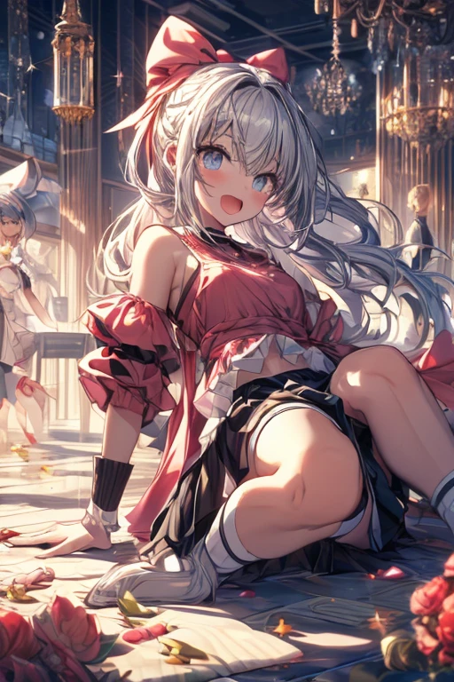 shinny skin, BREAK, ((alice in the wonderland:1.3, cute, kawaii, lovely, funny, a girl falling down from sky:1.3, girl flying in sky:1.4, girl floating in air:1.5, rolling upskirt by wind:1.6, (with sparkling eyes and a contagious smile),open mouth, Looking at Viewer, surprised, putting hands on crotch over the skirts:1.6)), BREAK, ((floating things as follows:1.3, PlayingCards, Trump, tea cup, tea pot, tea spoons, pocket watch:1.3, lip sticks, candies:1.2, cookies, jam bottles, classical door_keys)), ((long purply_Blue dress :1.5, wearing long flaired skirt:1.3, the skirt is blowing:1.3, cute pink Apron, black stocking:1.2,garter stocking, cleavage:1.2, midriff, black shorts, black thighhighs, thigh strap, medium long platinum-blonde hair:1.2, twin tail hair:1.6, tied hair with a large ribbon), (Blue eyes, bright pupils with highlights, detailed eyes),