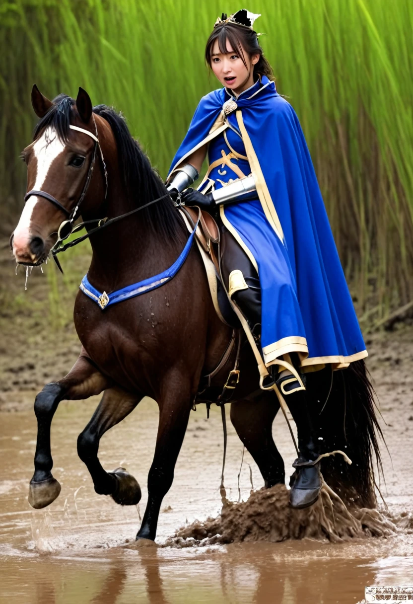 (((masterpiece))),(((Highest quality))),((Tabletop:1.4, Highest quality)), (Realな写真:1.4), in the muddy river,dirty swamp,horse ridden by girl fall over swamp,Sweaty girl,
((1 cute girl knight)),rodeo,horse standing,Surprised face,stumble,aggressive,slouch,horse standing, prancing horse in pitfall,cute,Napoléon horse sliped in pitfall,in the pitfall,Uplifting,Knight Princess,
(超High resolution:1.2),, wonderful, Very detailed CG Unity 8k wallpaper, Very detailed, High resolution,fat horse ridden by japanese girl,Double,Royal blue armor, cape and crown,Soaking in the swamp,Mud Splash,
Soft Light, Beautiful detailed girl, Droopy eyes,Very detailedな目と顔, Beautiful and exquisite nose, Beautiful and exquisite, horse ridden by a girl can't stand up because its drowned in the sticky muddy pitfall:10.0 ,Displeased face:4.0,Real,Stir,Anatomically correct,action horse riding scene while struggle fighting
