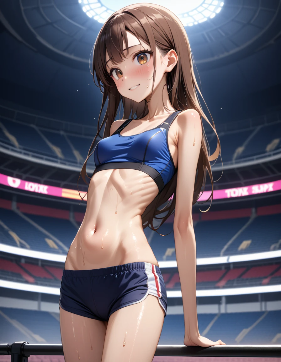 (masterpiece,Highest quality:1.3,Highest qualityのイラスト),Cowboy Shot,1 Female, Japan beauty,((very small head:1.4)),Long brown hair,bangs,Brown eyes,Gorgeous eyes,blush,smile,Small breasts,((Very long body:1.4)),(Toned body,Slender body,skinny,Sunburn),(Navy blue sports bra、belly button、Dark blue sports shorts),Glowing Skin,Shiny skin,(Sweat:1.3),Are standing,Arena、Tokyo、