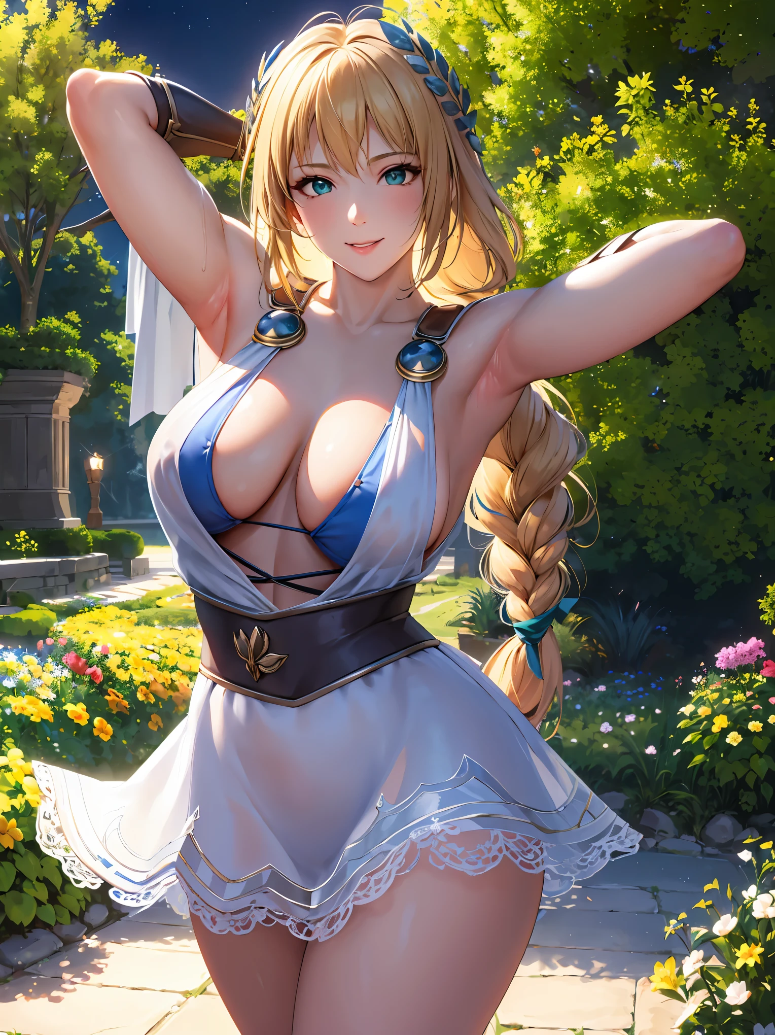 Armpit Show,(8K, masterpiece), High resolution, high quality (最high quality), Sophitia,Blonde,Long Hair,Braiding,green, In the garden at night when flowers are in full bloom, A cute and sexy smile, Spectacular Dynamic Lighting, Beautiful Eyes, Delicate face, Detailed skin, Detailed chest, Vibrant colors,
