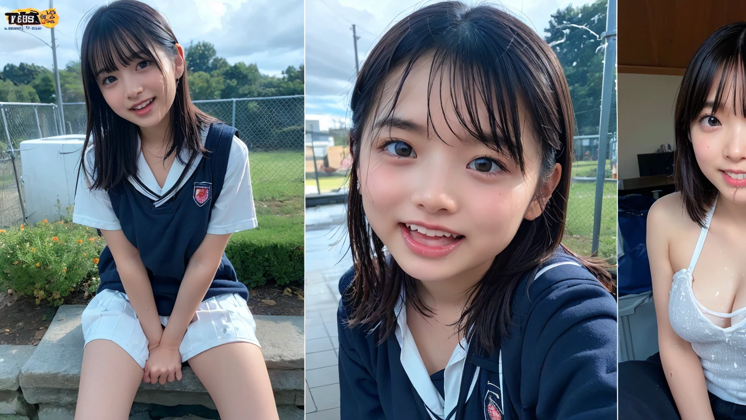 (２Split Photo:1.3)、Magazine Cover:1.3、Japanese,,Innocent face,Teenage Girle,Primary school students,Private elementary school,uniform,Carrying a small red backpack,Summer clothes,Sitting、front、Cute smile、Laugh with your mouth wide open、((Semen dripping from the mouth:1.2))、Mouth full of semen:1.5、A lot of semen on the tongue、Thick semen、whole body、Full Body、Semen dripping from the genitals:1.3、You can see thpples、Not wearing a bra