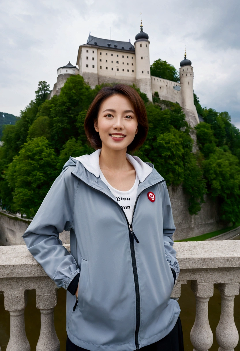 high quality, 1 woman, ((36-year-old healthy Korean woman)), ((36 years old)), 1 woman, eyes are big and beautiful. ((slim)), ((short medium hair)), Smile. pose: standing, windbreaker jacket, background:Your residence is a baroque townhouse with a plaster façade and wrought iron railings.. Overlooking the misty Salzach River and Hohensalzburg Fortress., looking slightly up, 1 woman, Full body shot with Canon 16-34 wide angle lens, river view, looking up the side