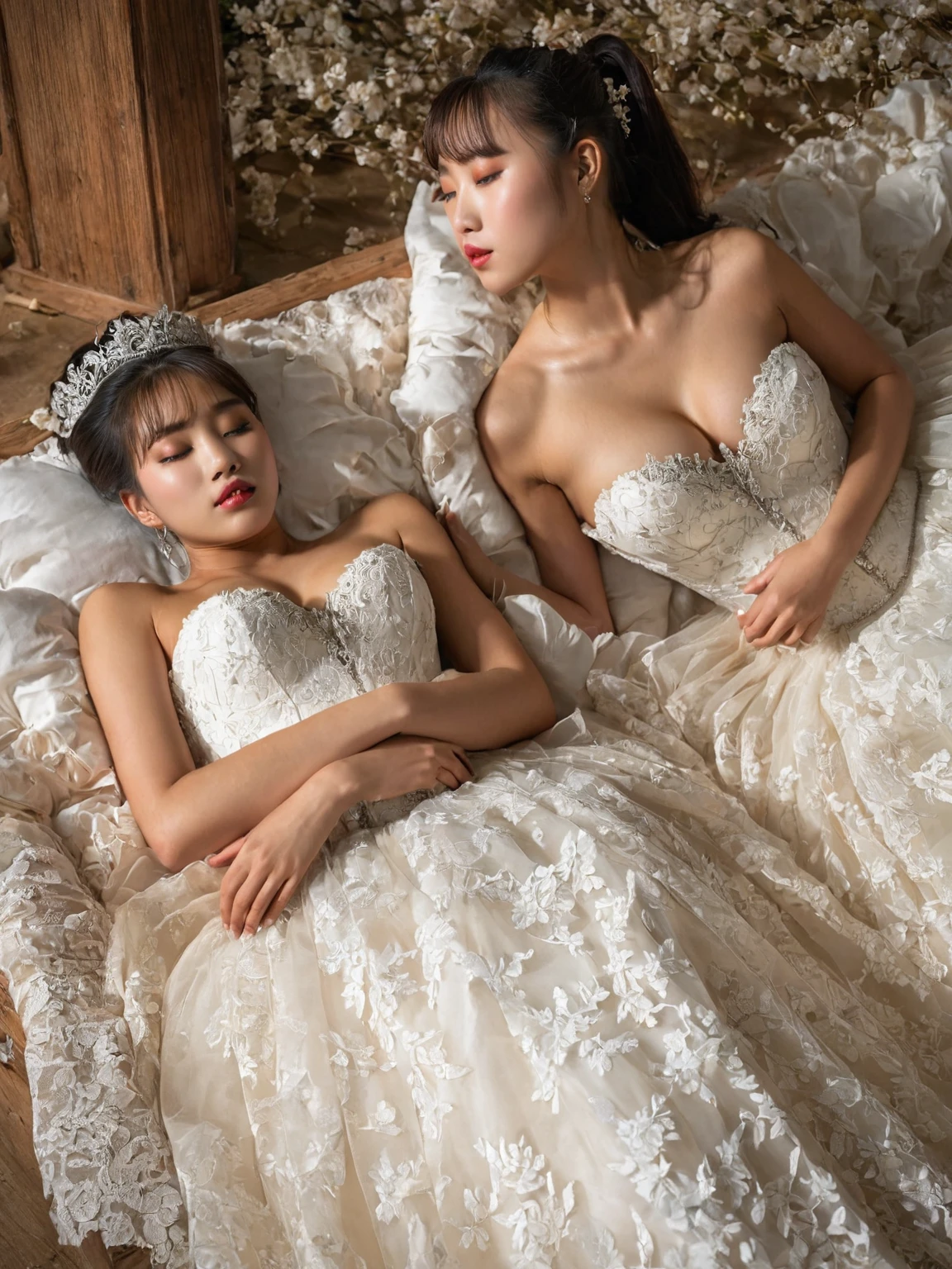 A provocative and sensual image unfolds before us. Two Korean girls, 22 years old, lie asleep in a deep, black coffin surrounded by plush pillows. They wear see-through wedding dresses with lace details, off-shoulder designs, sleeve, and huge skirts that cascade around their bodies. The dresses are cut low to showcase their beautiful breasts, fixed with a subtle cleavage cutout. Their faces are flawless, with perfect eyebrows, eyelashes, and skin tone. One girl's hair is styled in a ponytail with bangs framing her face, while the other has a bun adorned with wisps of hair framing her closed eyes. The overall atmosphere is one of intimacy and sensuality, with saturated colors enhancing the mood. Note the visible breasts and perfectly manicured hands that peek out from beneath the skirts, which are strategically covered to conceal their legs, ba11g0wn 