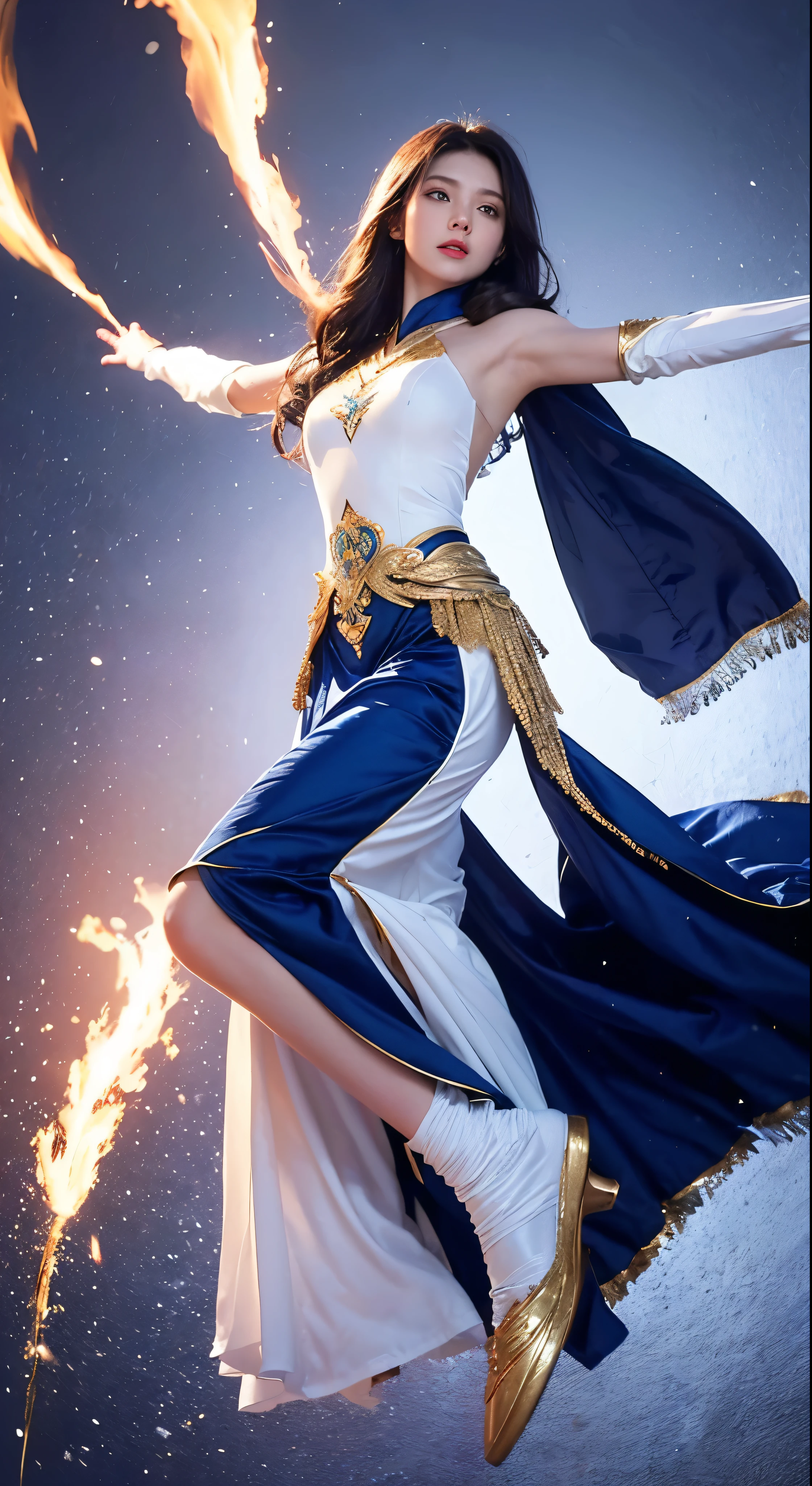 Masterpiece, best quality, realistic, (1 girl: 1.3), blue gold white clothes, shawl long hair, jump, leap, dance, green gold white clothes, long skirt, long scarf, flowing, light armor, snow white skin, bare shoulders, full body, (from below:1.5), martial arts, dynamics, flames, particles
