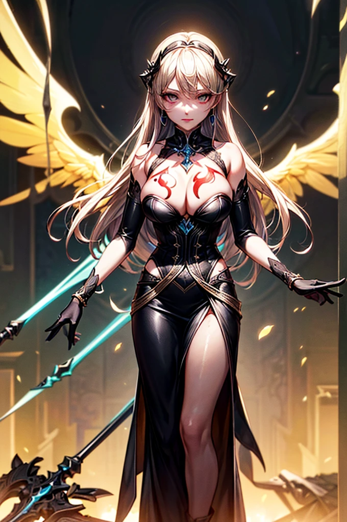 In the middle of the burning battlefield filled with broken swords and dead sodiers stand beatiful female fallen angel with black wings , she have beautiful face her eyes is golden yellow she have dark red lipstick and black eyeshadows she have piersing ring on her lip and cross shaped earrings on her ears her hair golden blond with black highlights with a blood red halo above her head, she dressed in sexy black leather armor with long skirt and black highheels boots with betal parts she have mystic symbols tattoo on her shouders, in her hand she holding long spear, (ultra high quality fantasy art, ghothic dark fantasy style, masterpiece, ultra high quality character design, 8k quality anime art, realistic anime art, top quality wallpaper illustration, detailed ultra high quality accurate face, high quality design and accurate physic)