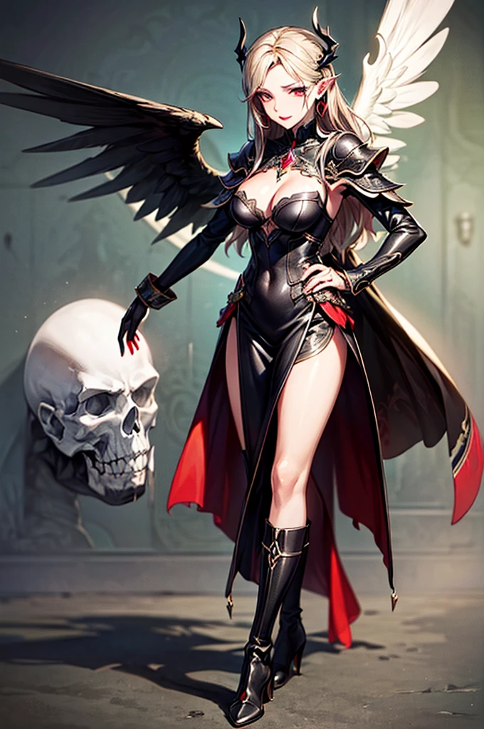 In the middle of the burning battlefield filled with broken swords and dead sodiers stand beatiful female fallen angel with black wings , she have beautiful face her eyes is golden yellow she have dark red lipstick and black eyeshadows she have piersing ring on her lip and cross shaped earrings on her ears her hair golden blond with black highlights with a blood red halo above her head, she dressed in sexy black leather armor with long skirt and black highheels boots with betal parts she have mystic symbols tattoo on her shouders, in her hand she holding long spear, (ultra high quality fantasy art, ghothic dark fantasy style, masterpiece, ultra high quality character design, 8k quality anime art, realistic anime art, top quality wallpaper illustration, detailed ultra high quality accurate face, high quality design and accurate physic)