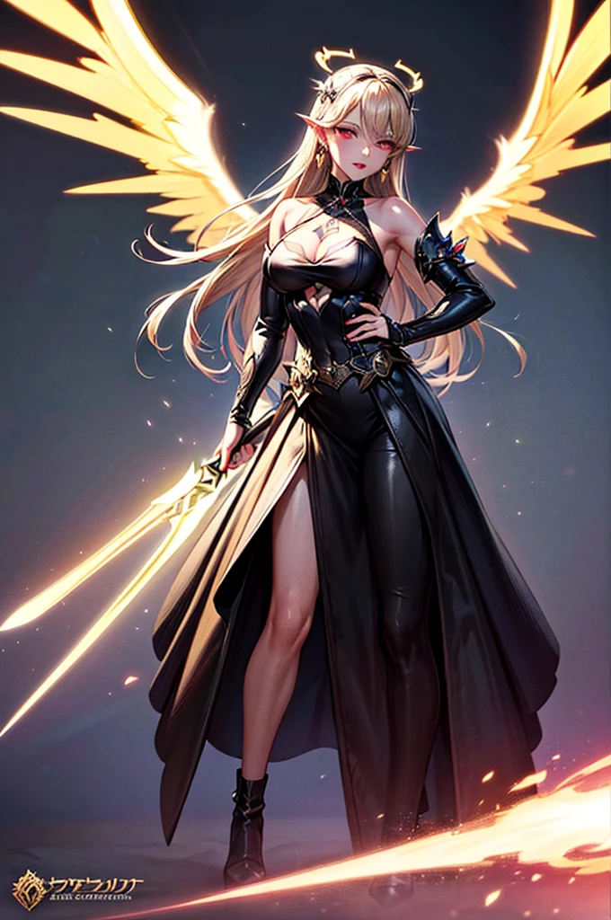 In the middle of the burning battlefield filled with broken swords and dead sodiers stand beatiful female fallen angel with black wings , she have beautiful face her eyes is golden yellow she have dark red lipstick and black eyeshadows she have piersing ring on her lip and cross shaped earrings on her ears her hair golden blond with black highlights with a blood red halo above her head, she dressed in sexy black leather armor with long skirt and black highheels boots with betal parts she have mystic symbols tattoo on her shouders, in her hand she holding long spear, (ultra high quality fantasy art, ghothic dark fantasy style, masterpiece, ultra high quality character design, 8k quality anime art, realistic anime art, top quality wallpaper illustration, detailed ultra high quality accurate face, high quality design and accurate physic)