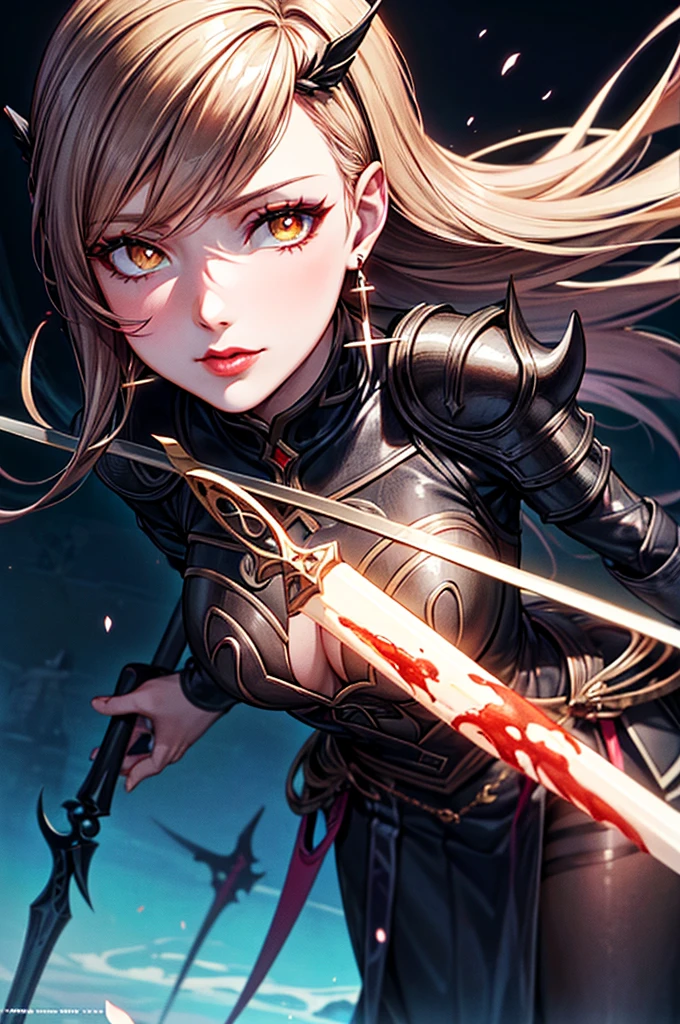 In the middle of the burning battlefield filled with broken swords and dead sodiers stand beatiful female fallen angel with black wings , she have beautiful face her eyes is golden yellow she have dark red lipstick and black eyeshadows she have piersing ring on her lip and cross shaped earrings on her ears her hair golden blond with black highlights with a blood red halo above her head, she dressed in sexy black leather armor with long skirt and black highheels boots with betal parts she have mystic symbols tattoo on her shouders, in her hand she holding long spear, (ultra high quality fantasy art, ghothic dark fantasy style, masterpiece, ultra high quality character design, 8k quality anime art, realistic anime art, top quality wallpaper illustration, detailed ultra high quality accurate face, high quality design and accurate physic)