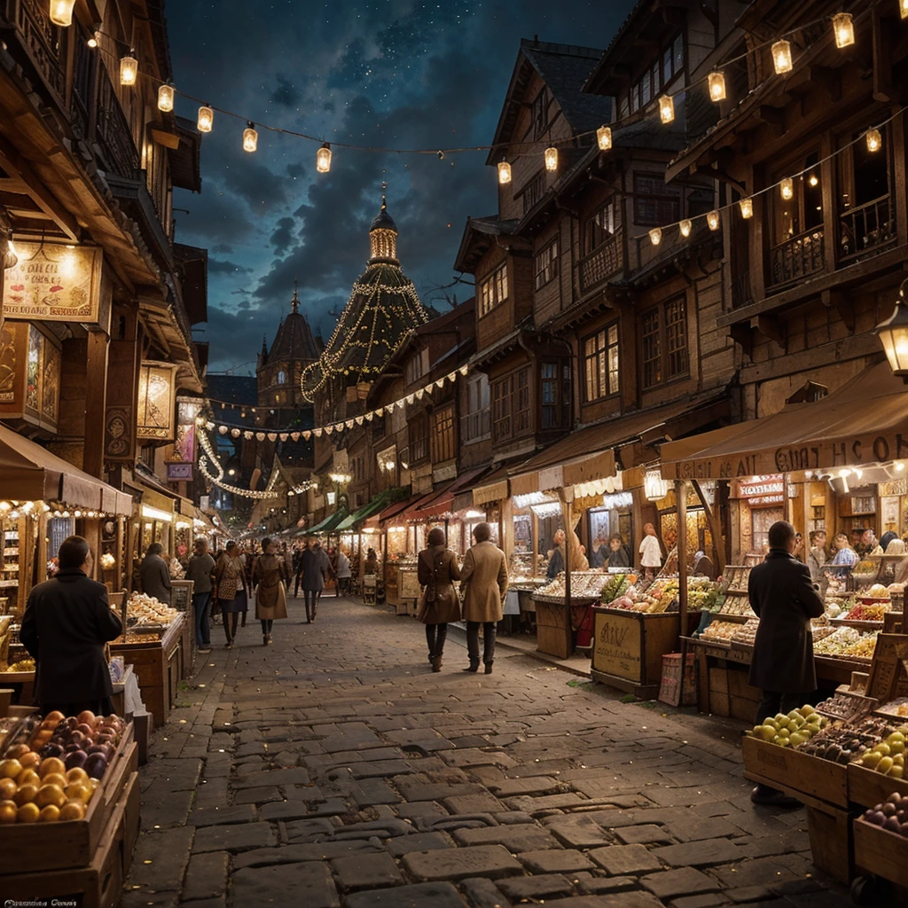 An exquisitely detailed painting of a bustling, fantastical market square at twilight. The scene is filled with a diverse array of unique characters, colorful stalls brimming with exotic goods, and enchanting lights casting a magical glow. The atmosphere is lively and whimsical, with intricate details in every corner, from the cobblestone streets to the ornate architecture."