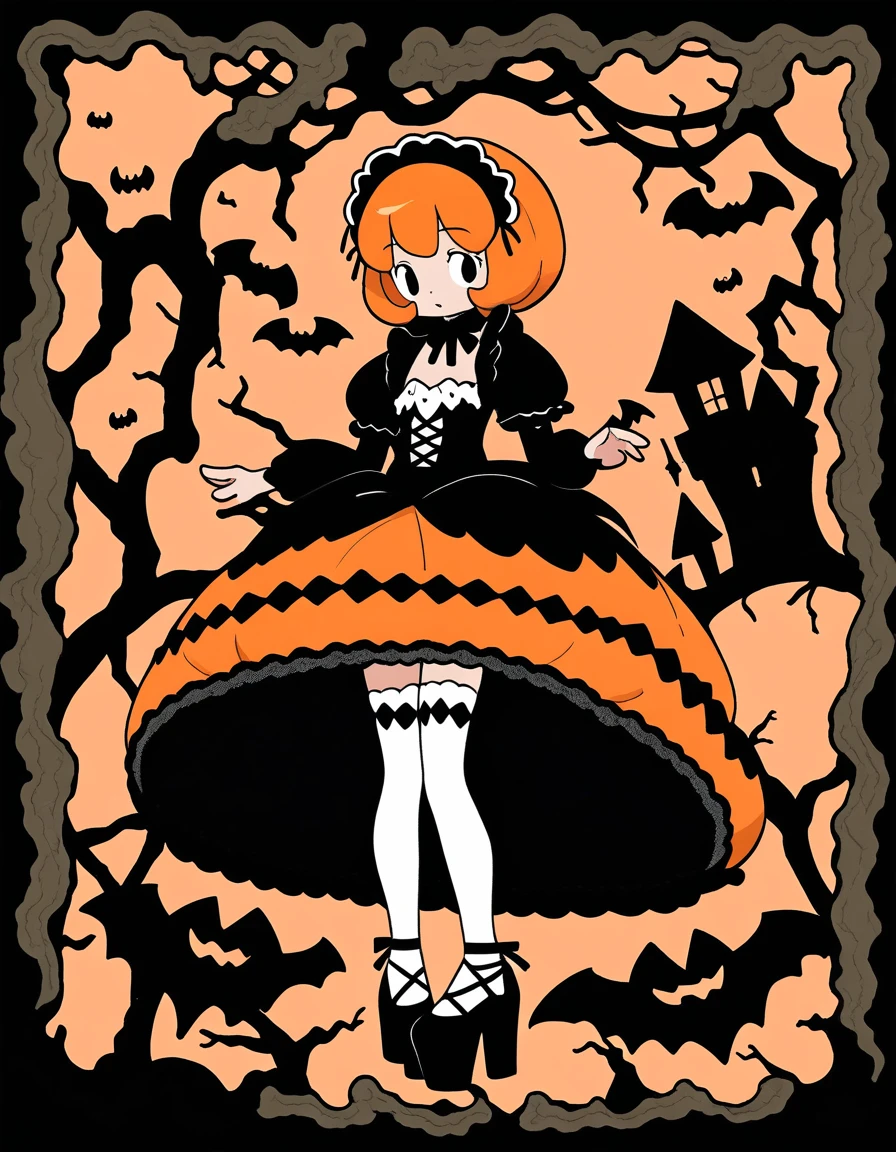 pretty maid girl dressed in a halloween outfit, in the style of anime art, light orange and dark black, white thighhighs, platform heels, orange and black, gothic style dress, vintage rococo style dress,