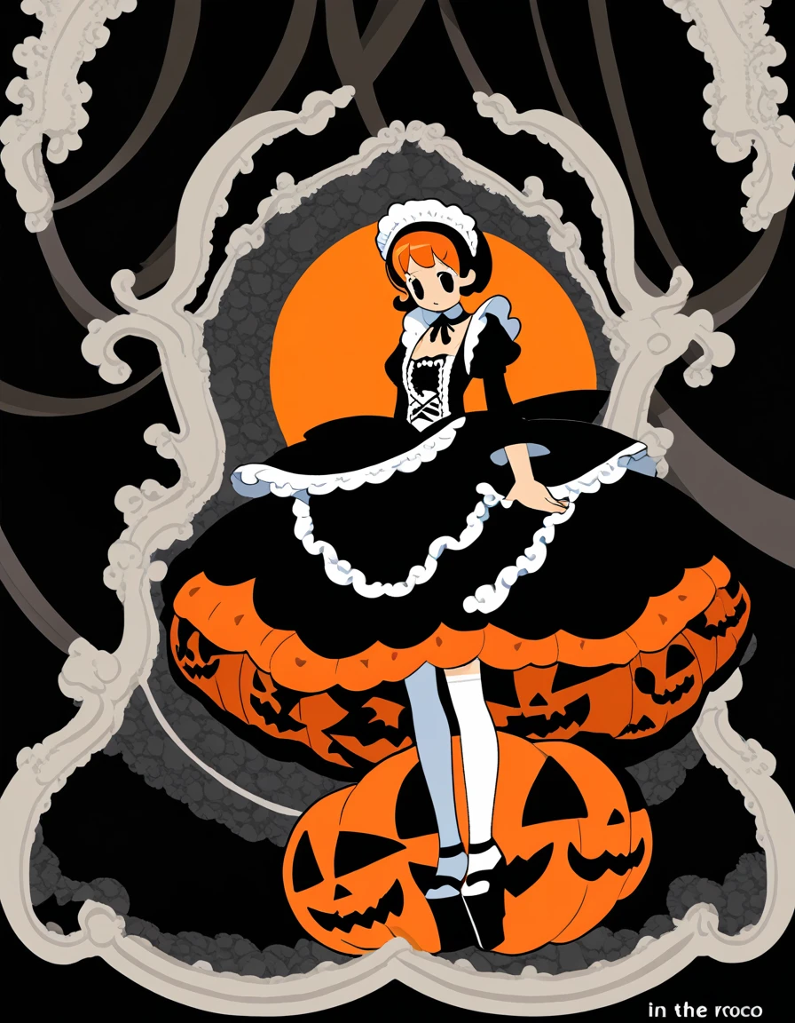 pretty maid girl dressed in a halloween outfit, in the style of anime art, light orange and dark black, white thighhighs, platform heels, orange and black, gothic style dress, vintage rococo style dress,