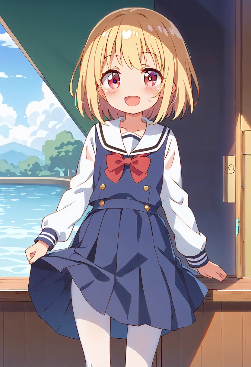 score_9, score_8_up, score_7_up, source_アニメ, masterpiece, 1girl, work, school uniform, blue dress, sailor dress, pinafore dress, white sailor collar,white shirt, red bowtie, long sleeves, flat chest, white pantyhose, loafers, White socks、cowboy shot, looking at viewer, indoors, open mouth, shiny hair, smile, Open your mouth, cuteポーズ, (Completely flooded)、Immersed in water、Transparent pool, Water Play, Primary school students、Skirt fully open、Long wide skirt、cute、blush、Watery eye、Lots of water、Wet、((The skirt spreads over the water surface.))、(Drowning)、