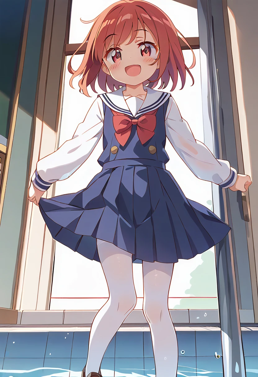 score_9, score_8_up, score_7_up, source_アニメ, masterpiece, 1girl, work, school uniform, blue dress, sailor dress, pinafore dress, white sailor collar,white shirt, red bowtie, long sleeves, flat chest, white pantyhose, loafers, White socks、cowboy shot, looking at viewer, indoors, open mouth, shiny hair, smile, Open your mouth, cuteポーズ, (Completely flooded)、Immersed in water、Transparent pool, Water Play, Primary school students、Skirt fully open、Long wide skirt、cute、blush、Watery eye、Lots of water、Wet、((The skirt spreads over the water surface.))、(Drowning)、