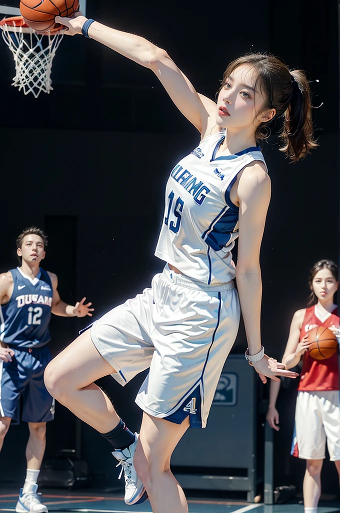 (((best quality))), (((ultra detailed))), (((masterpiece))), illustration, ((1girl,female basketball player,solo)),(slam dunk:1.3),(dunking in the air:1.3), intensity, determined expression, flushed face, perspiration, almond-shaped eyes, mesh jersey, team name and number, form-fitting shorts, athletic build, high-top basketball shoes, indoor basketball gym, well-lit, wooden floor, scoreboard, spectators, stands, action, impact, ball through the hoop, victory, achievement, dedication, skill,(basketball:1.3)