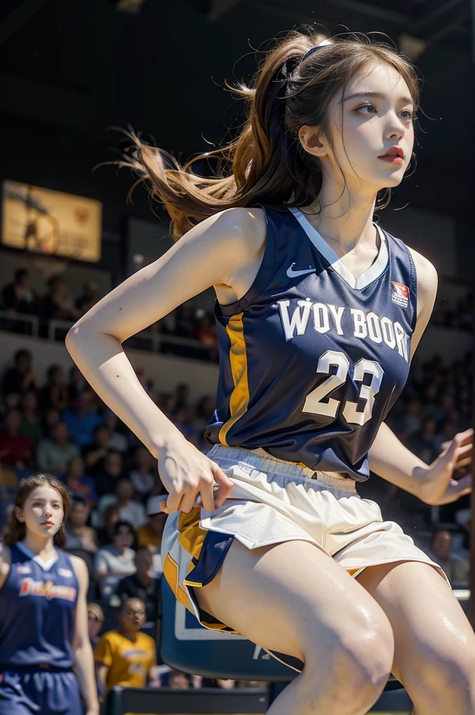(((best quality))), (((ultra detailed))), (((masterpiece))), illustration, ((1girl,female basketball player,solo)),(slam dunk:1.3),(dunking in the air:1.3), intensity, determined expression, flushed face, perspiration, almond-shaped eyes, mesh jersey, team name and number, form-fitting shorts, athletic build, high-top basketball shoes, indoor basketball gym, well-lit, wooden floor, scoreboard, spectators, stands, action, impact, ball through the hoop, victory, achievement, dedication, skill,(basketball:1.3)