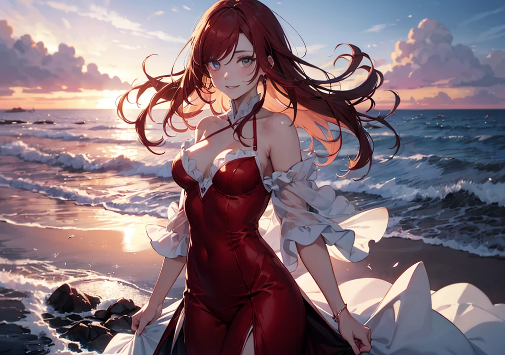 Realistic photos, Focus distance 10mm, Red and white, A big smile, Beautiful girl, Realistic photos, Focus distance 10mmで撮影, masterpiece, 最high quality, high quality, Very detailed CG 8k wallpaper unit, Award-winning photography, Depth of written boundary, High resolution, bloom, chromatic aberration, Realistic, Very detailed, Art Station Trends, CGsociety Trends, Complex, High detail, dramatic, Art on the go, volumetric lighting, A beautiful young woman with red hair, in a purple gown, inspired by Disney's Ariel in her human form, standing by the ocean with a dreamy expression