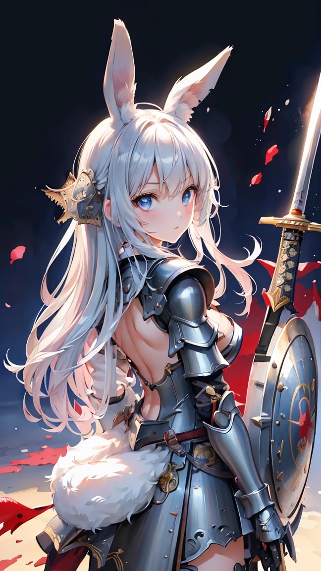 anime style, masterpiece, accurate, textured skin, high quality, best quality, highres, high details, super detail, rabbit ears, silver hair, bangs, perfect eyes, cleavage, soft light, high quality, 4k resolution, (Western knight with sword and shield), (steel armor), war, be covered in blood, from back