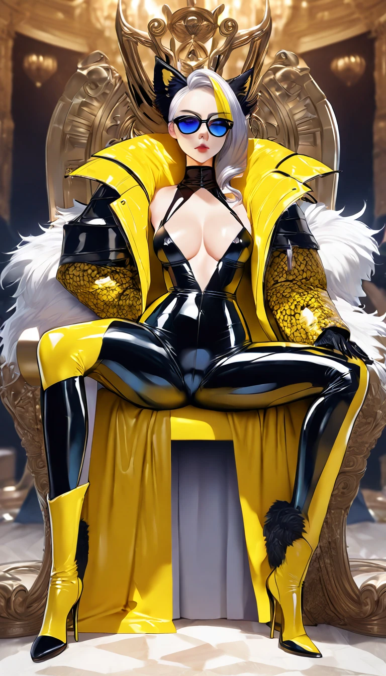 ((Super realistic details)) Shadow、octan render、8K、ultrasharp、Steampunk Body、Details of complex ornaments、cold color、Gothloli details、highly intricate detail、Realistic light、CGSoation Trends, radiant eyes featuring a stylish and confident evil dominatrix queen, she has an arrogant look .modern fashion. dressed in bold and fashionable all yellow rubber outfits, showcasing a unique combination of elegance and strength. attire includes sleek, form-fitting dressed and ???????? made of shiny materials, paired with oversize long latex coat that have (((dramatic high collar of coat))), (((high collar of coat))) (((very high and wide collar of coat))), (((collarbone))) and intricate patterns. The colors and designs vary, featuring a long coat with patterned latex coat. outfit is accentuated with latex boots and latex gloves, sunglasses, emphasizing her commanding and poised presence. Highlight her modern, daring fashion sense and her ability to dominate any space with her fashionable and assertive demeanor, ???? pose Sit with your ??????????, Leg spread, on (( throne in palace)), ??????. Surrounded by ??? slaves