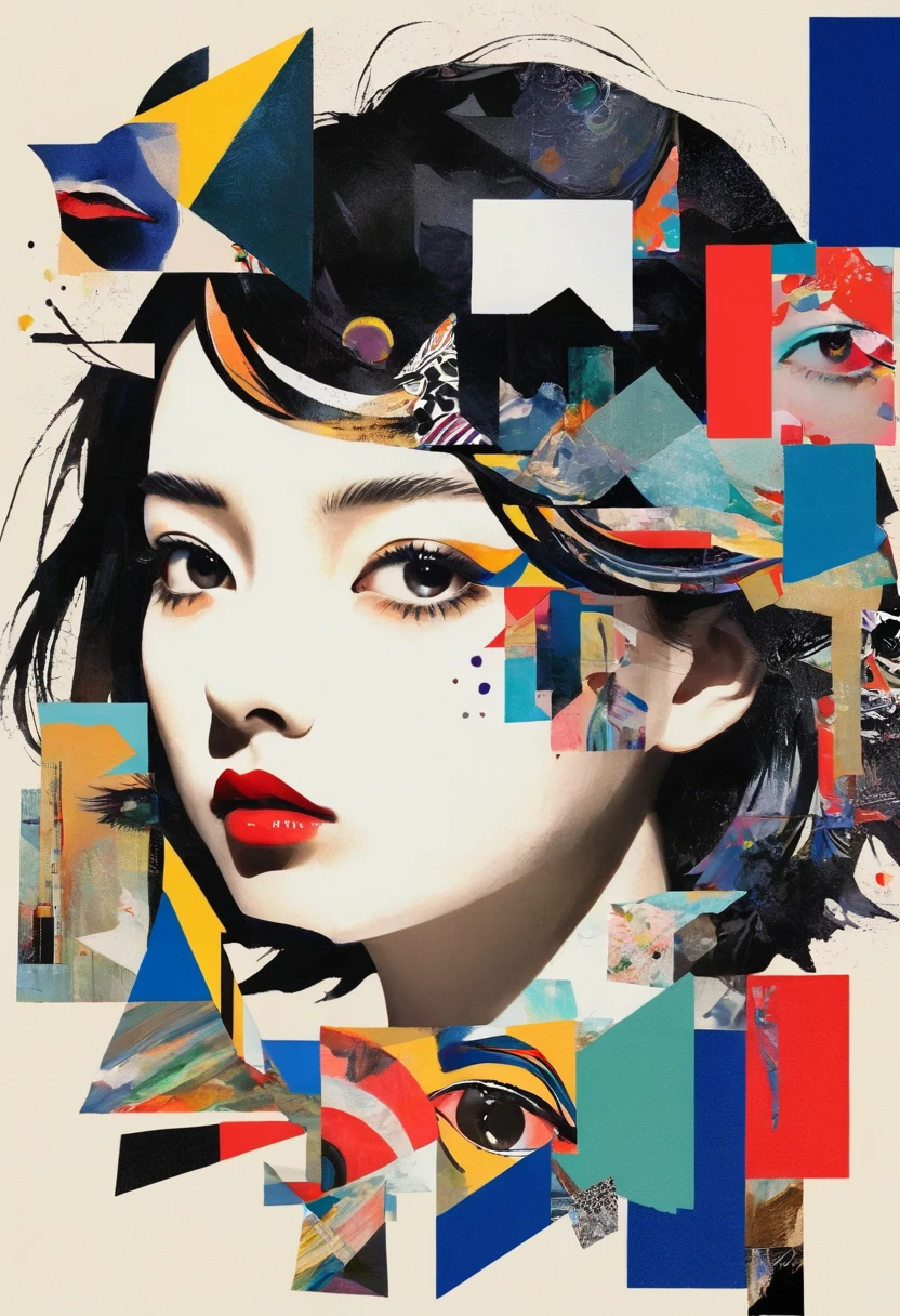 multi-layered collage,有一张女人脸的Collage画,There are many different things on the face,Geometric Dislocation,Collage,Artistic sense,Painting,paint,Simple,