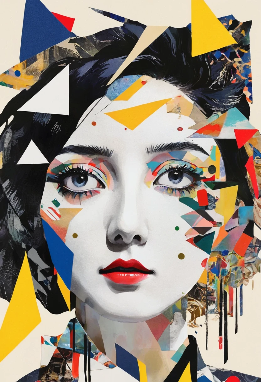 multi-layered collage，有一张女人脸的Collage画，There are many different things on the face，Geometric Dislocation，Collage，Artistic sense，Painting，paint，Simple，