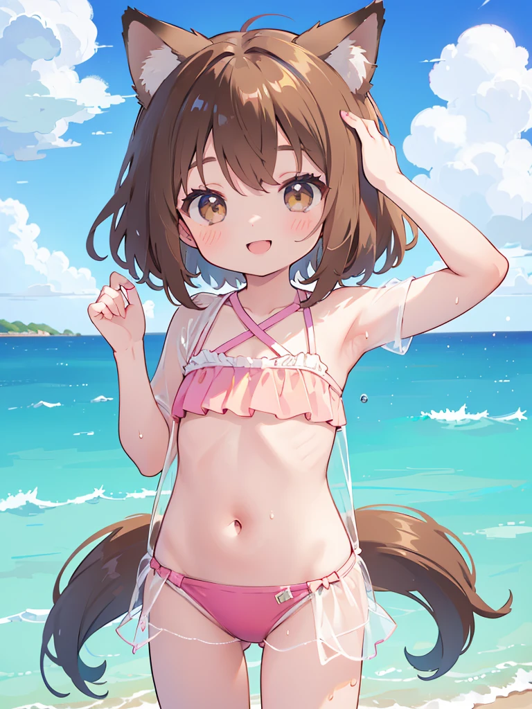 A cute  lowteen anime girl, short brown wavy hair, id shot, anime style, big shiny brown eyes, fox ears, 11 yeaer, swimsuits,seaside,smile