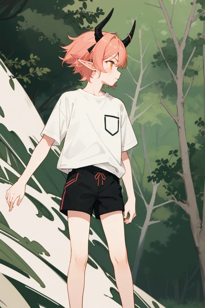 illustration, 2.5D, flat-colors:1.3, line-art,
(masterpiece、top-quality:1.6)、((1boy,8 years,solo)),sad,(dark skin),((white shirt,short sleeves,black shorts)),Short hair,black hair,elf ears,(horns),(forest background),profile,orange eyes looking at camera, pink hair, pigtails,
standing,