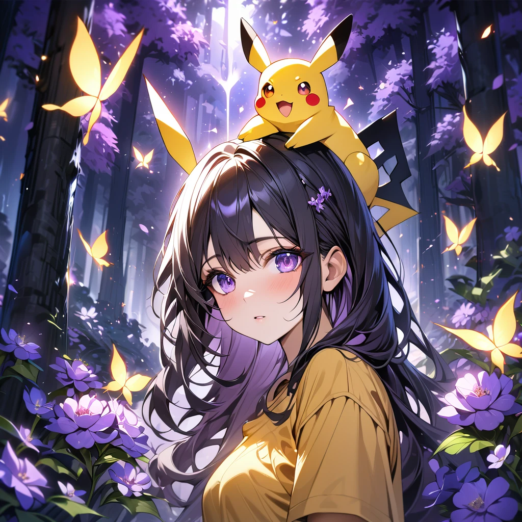 Girl with yellow tshirt with outer black,pikachu on head, forest,purple dark light, absurdres, highres, ultra detailed, HDR, master piece, best quality, black hair, expressive purple eyes, black clothes, magical, fantasy, shining, purple flowers, blossoms, yellow butterflies