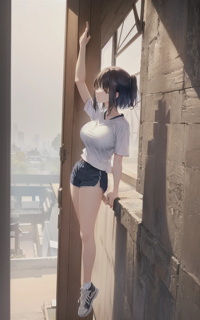 masterpiece、Highest quality、8K、standing split, standing, one leg up, Japanese girl、beautiful girl、Well-formed face、Beautiful Skin、Brown short hair、Beautiful eyes、T-shirt and shorts、sneakers、Solid white background、************、Slim figure、Big Breasts、Lift one leg above your head