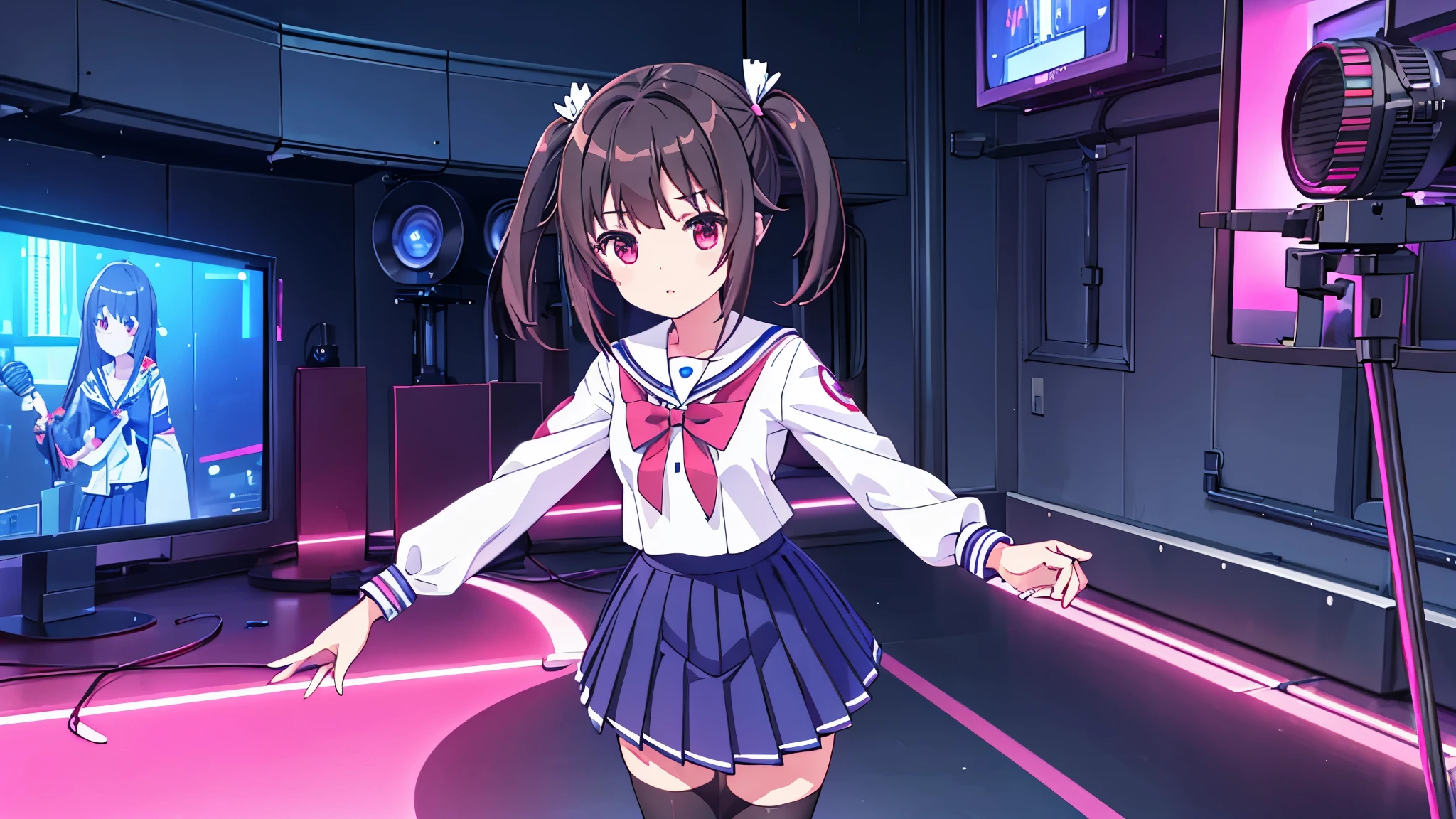 beautiful girl incredible quality 4k vtuber with red eyes black hair with pink ribbon short pleated skirt sailor style blouse long sleeve white long stockings pink tennis shoes with black vtuber youtuber in recording studio room pc gamer background with microphone and rgb cyberpunk LED lights 