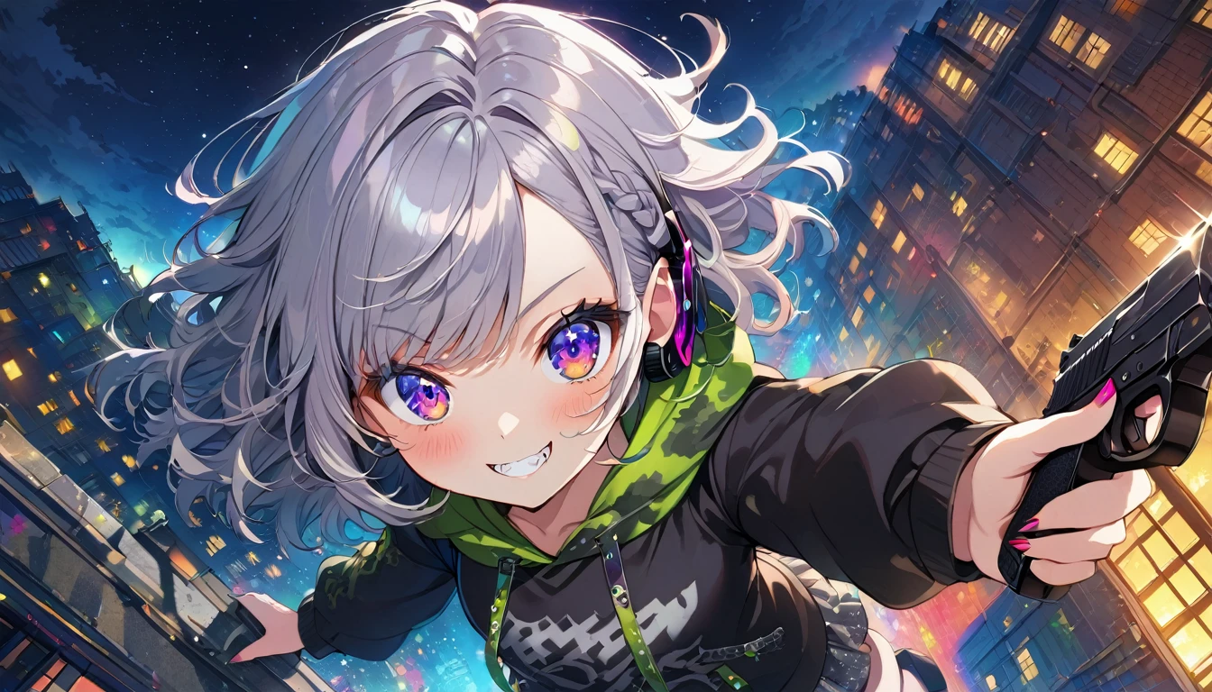 ((Masterpiece)), ((best quality)), (Anime:1.3), (super detail:1.2), (High Definition:1.3), (Professional Photography:1.3), cute young Girl, Glossy unruly hair, (loose swept bangs), (silver ash hair), medium hair, big eyes, (Eye bags:1.3), (Long eyelashes), colorful eyes, (holding handgun:1.3), (jumping), Glossy lips, (jagged teeth), (evil smile and blush), ((Camouflage hoodie with oversized)), mini skirt, (upper body:1.3), wind, barearms, cute, (colorful:1.3), gothic makeup, starry night, (wearing headphone), pretty, Celtic, maniac, (at the roof of the building), (dutch angle), (from above),