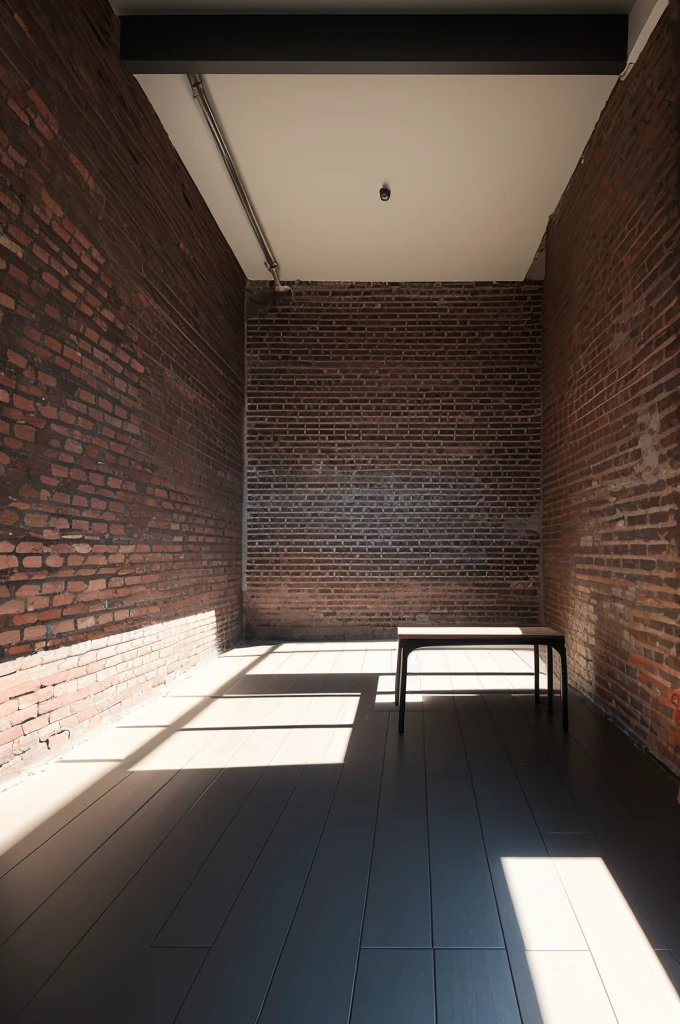 Square brick floor, a black wall and a plastic bench