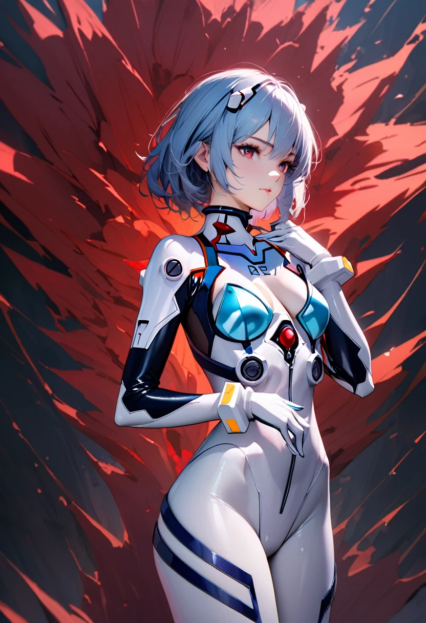 (masterpiece, Highest quality, Super detailed, 8K, wallpaper, Realistic), ((Perfect hands)), ((Perfect Anatomy)), Medium cleavage, Long, round legs, Round ass, ((Attractive anime girl)), ((Rei Ayanami)), ((Capture her mysterious beauty with her white skin, Short indigo hair with striking details)), ((Bright crimson eyes with a mysterious depth)), ((She wears her trademark white plugsuit., Smooth and fits the body, Subtle blue accents)), ((Rey stands in a calm, enigmatic pose., Exudes an aura of ethereal elegance and meditation)), ((Medium Shot)), ((Dynamic Background)), ((Sensual pose))