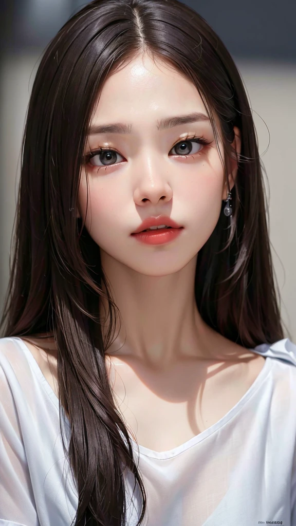 High image quality, high quality、8K、close-up of a face、Best Quality、8k、tmasterpiece,best qualtiy,(Dark photograph:1.3),realisticlying,1girll,By bangs,stunning innocent symmetry face,The shirt,Emotional,ulzzangs,