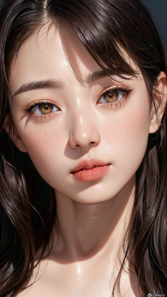 High image quality, high quality、8K、close-up of a face、Best Quality、8k、tmasterpiece，best qualtiy，（Dark photograph：1.3），realisticlying，1girll，By bangs，stunning innocent symmetry face，The shirt，Emotional，ulzzangs，