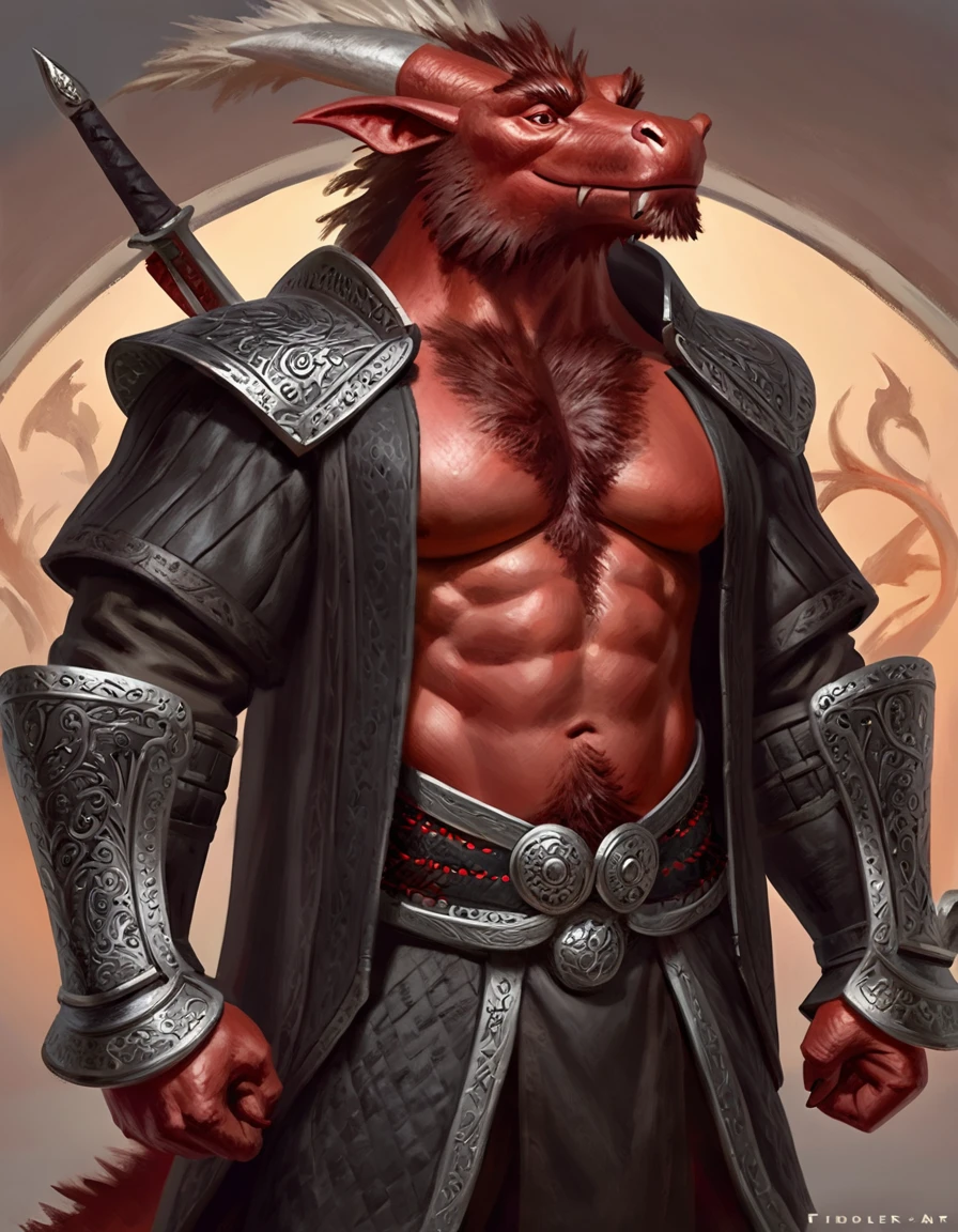 Anthropomorphic dragon boasts a "soft beefy" physique. The "soft" aspect of his physique is achieved through a meticulous distribution of muscle and fat that creates a sense of comfort and approachability. skin is a rich, deep black, with a subtle shimmer that hints at his hidden nobility. His eyes are a piercing shade of Imperial red, framed by thick eyebrows that arch over them in a constant state of curiosity. His attire, a black gambeson padded overcoat vestment with striking red salmon accents and intricate silver metal ornaments, is both functional and symbolic. The gambeson, a padded garment, is tailored to allow for a full range of motion, emphasizing his agility despite his size. The armor's design is meticulously crafted, with each detail serving a purpose. The imperial red accents trace the contours of his muscles, highlighting his physical power and determination. The silver metal ornaments are strategically placed to protect vital areas while also enhancing his aesthetic appeal. Leox's fur is predominantly black with salmon red-colored highlights. The fur on his torso and limbs is dense yet well-managed, giving him a sleek and powerful look. His chest hair is kept at a moderate length, framing his broad pectoral muscles. Large axe like fangs. Wield a slashing blade in a rapier-like's hilt. Ox guard stance pose. Detailed illumination, shadows and details in all the art. Highly inspired Taran Fiddler art Style