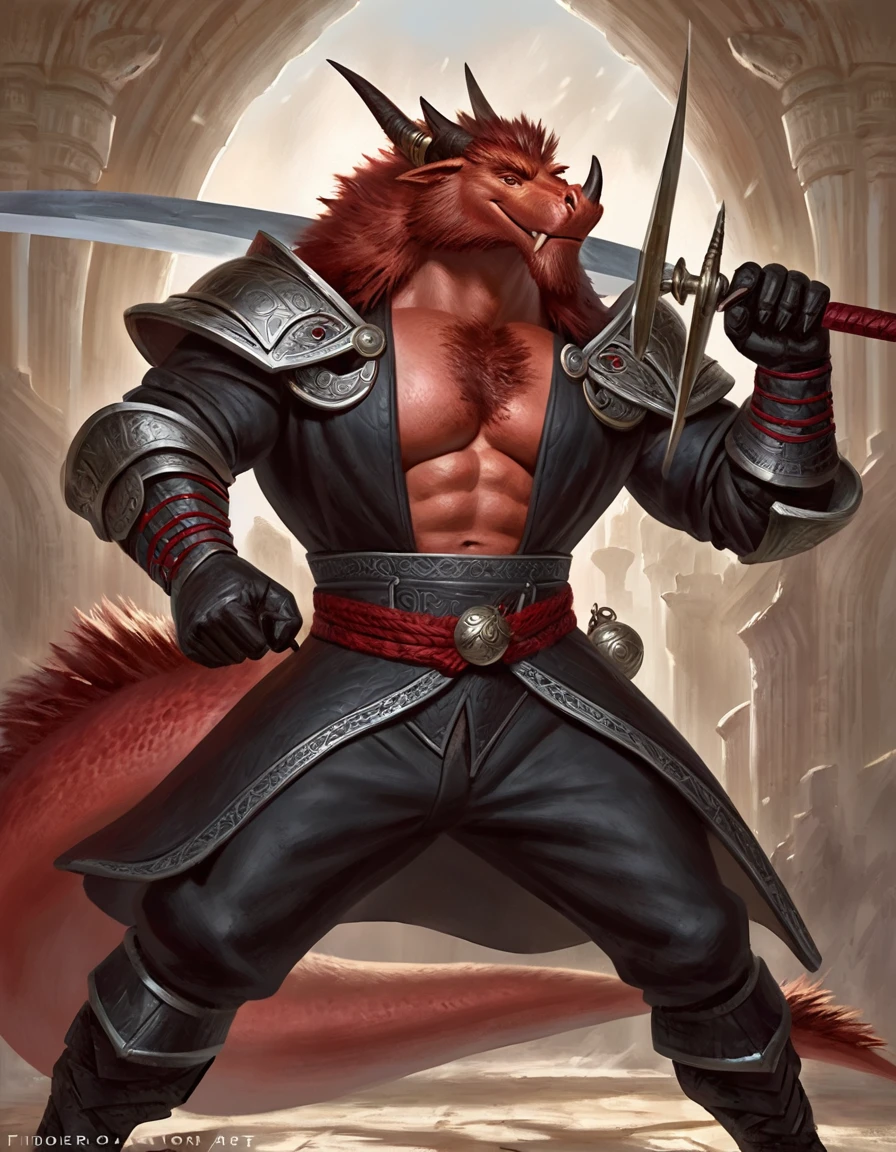 Anthropomorphic dragon boasts a "soft beefy" physique. The "soft" aspect of his physique is achieved through a meticulous distribution of muscle and fat that creates a sense of comfort and approachability. skin is a rich, deep black, with a subtle shimmer that hints at his hidden nobility. His eyes are a piercing shade of Imperial red, framed by thick eyebrows that arch over them in a constant state of curiosity. His attire, a black gambeson padded overcoat vestment with striking red salmon accents and intricate silver metal ornaments, is both functional and symbolic. The gambeson, a padded garment, is tailored to allow for a full range of motion, emphasizing his agility despite his size. The armor's design is meticulously crafted, with each detail serving a purpose. The imperial red accents trace the contours of his muscles, highlighting his physical power and determination. The silver metal ornaments are strategically placed to protect vital areas while also enhancing his aesthetic appeal. Leox's fur is predominantly black with salmon red-colored highlights. The fur on his torso and limbs is dense yet well-managed, giving him a sleek and powerful look. His chest hair is kept at a moderate length, framing his broad pectoral muscles. Large axe like fangs. Wield a slashing blade in a rapier-like's hilt. Ox guard stance pose. Detailed illumination, shadows and details in all the art. Highly inspired Taran Fiddler art Style