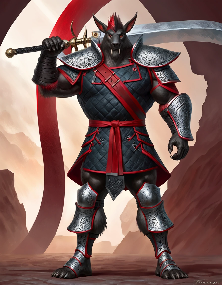 Anthropomorphic dragon boasts a "soft beefy" physique. The "soft" aspect of his physique is achieved through a meticulous distribution of muscle and fat that creates a sense of comfort and approachability. skin is a rich, deep black, with a subtle shimmer that hints at his hidden nobility. His eyes are a piercing shade of Imperial red, framed by thick eyebrows that arch over them in a constant state of curiosity. His attire, a black gambeson padded overcoat vestment with striking red salmon accents and intricate silver metal ornaments, is both functional and symbolic. The gambeson, a padded garment, is tailored to allow for a full range of motion, emphasizing his agility despite his size. The armor's design is meticulously crafted, with each detail serving a purpose. The imperial red accents trace the contours of his muscles, highlighting his physical power and determination. The silver metal ornaments are strategically placed to protect vital areas while also enhancing his aesthetic appeal. Leox's fur is predominantly black with salmon red-colored highlights. The fur on his torso and limbs is dense yet well-managed, giving him a sleek and powerful look. His chest hair is kept at a moderate length, framing his broad pectoral muscles. Large axe like fangs. Wield a slashing blade in a rapier-like's hilt. Ox guard stance pose. Detailed illumination, shadows and details in all the art. Highly inspired Taran Fiddler art Style