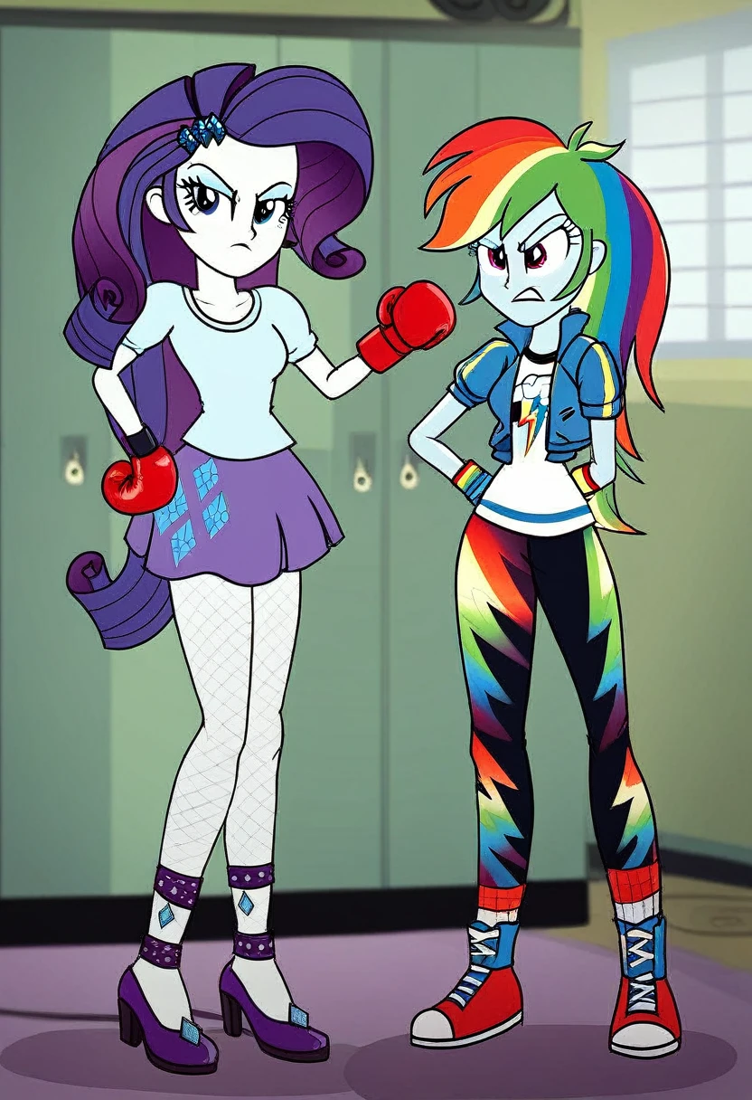 Eqg angry rainbow dash  at a school in  in fishnet tights  boxing rarity