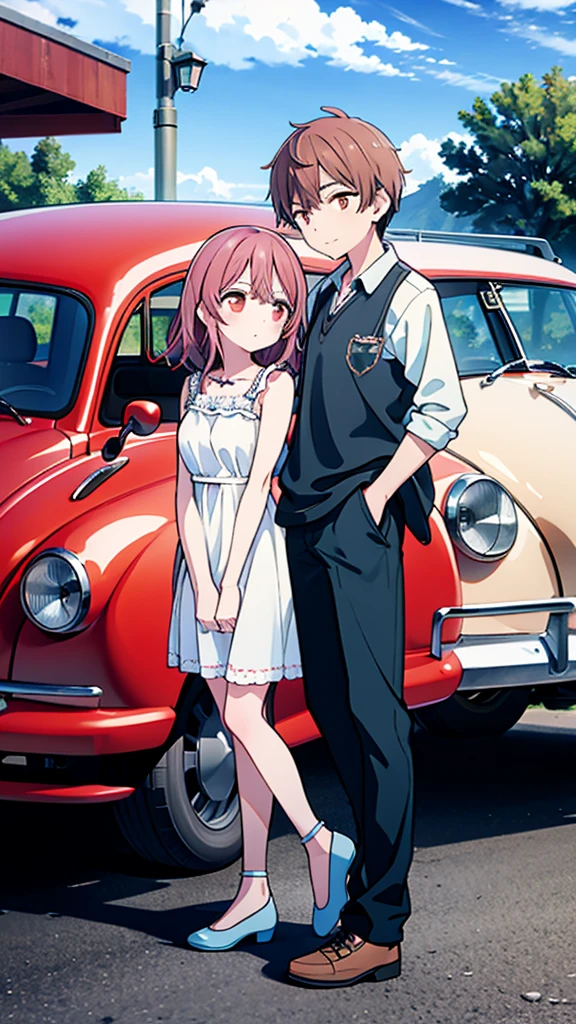 ((Highest quality)), ((masterpiece)), (detailed), Lovers standing in front of a small wagon-type car, such as a Volkswagen、2 people、Boy and Girl、drive、Vision、Side Angle